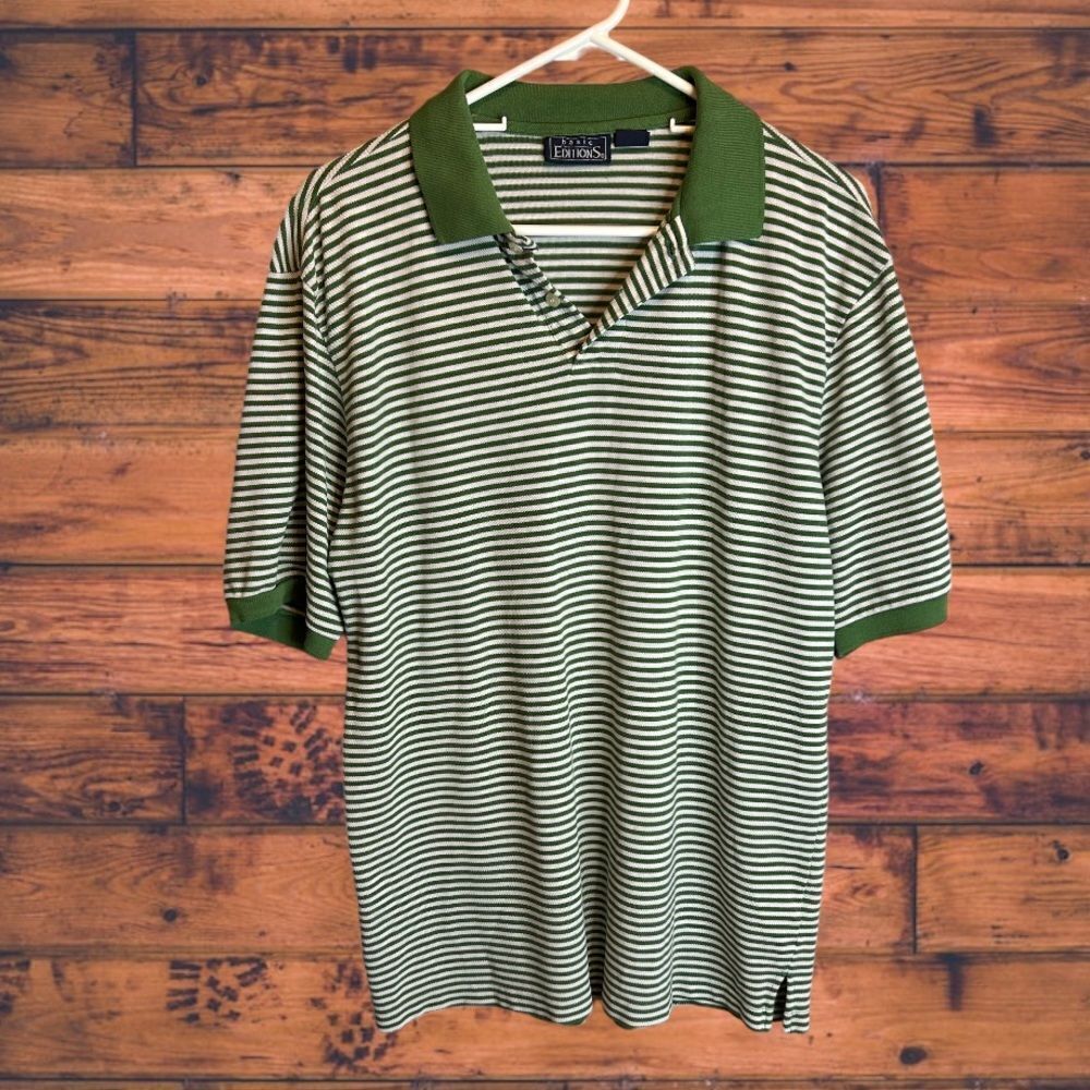 5 for $25🔥Large‎ Basic Editions Striped Green Polo Shirt